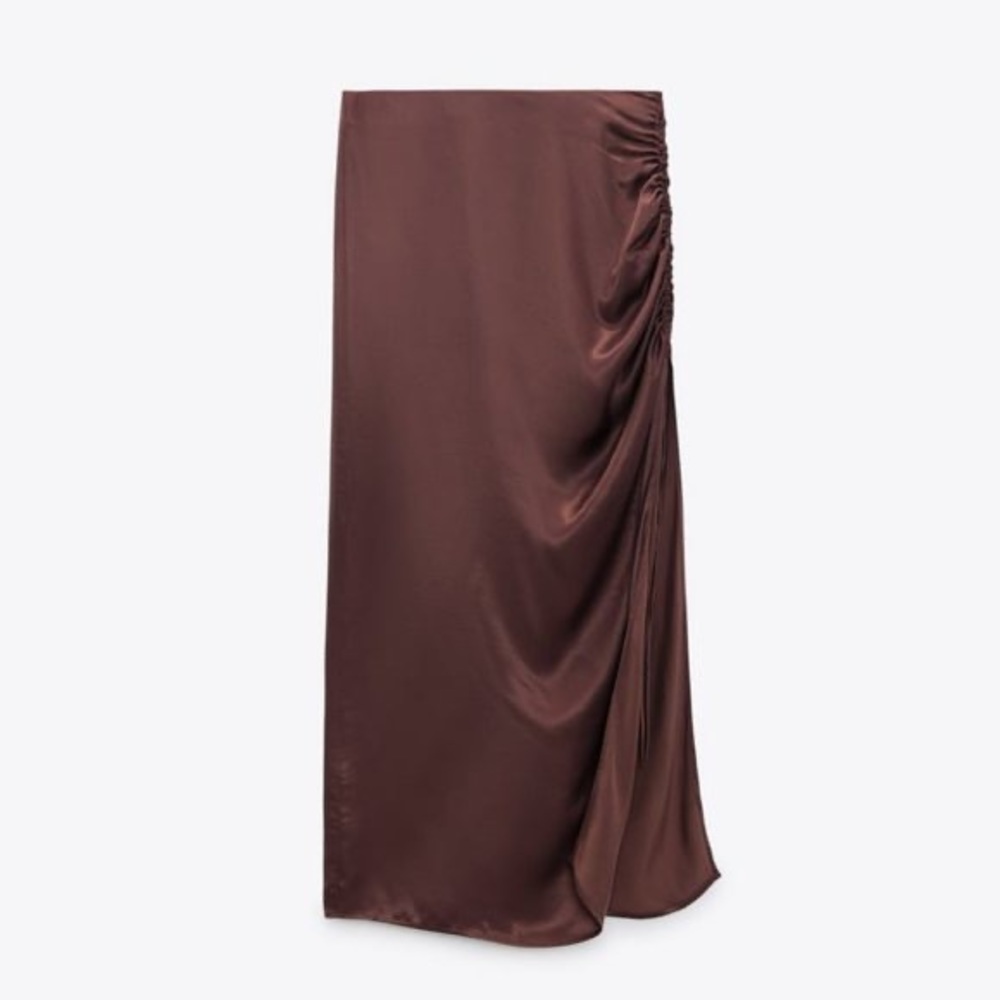 Zara ruched satin effect brown skirt